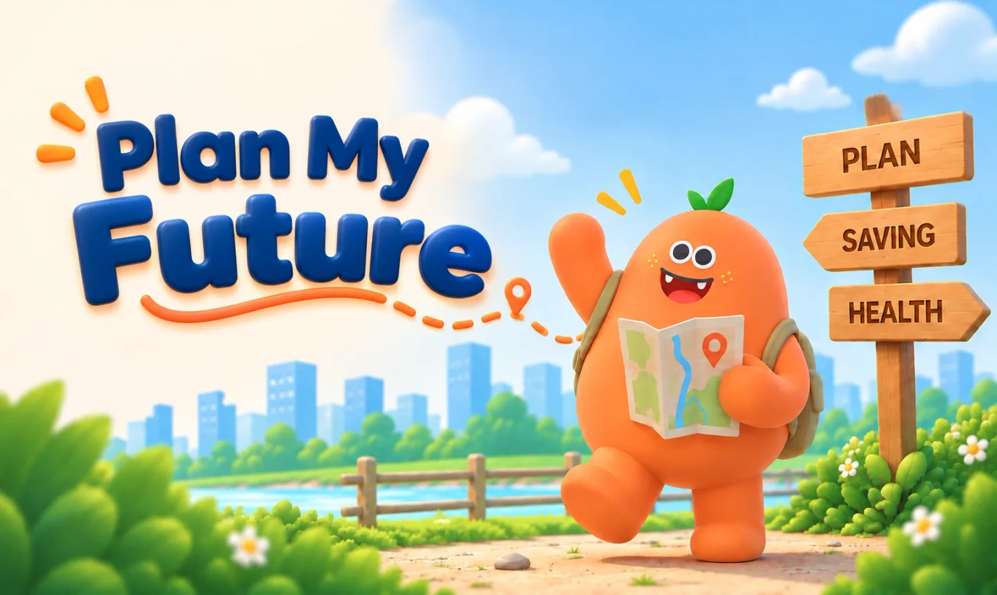 Plan My Future, maskot HANI bersiap merencanakan masa depan, di persimpangan Plan/Saving/Health