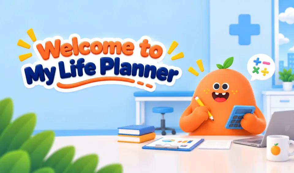 Selamat datang di My Life Planner, bersama maskot HANI di meja kerja dengan kalkulator dan laptop